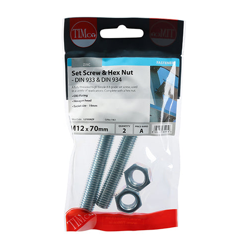 Set Screws & Hex Nuts - Grade 8.8 - Zinc | M12 x 70 additional image 2