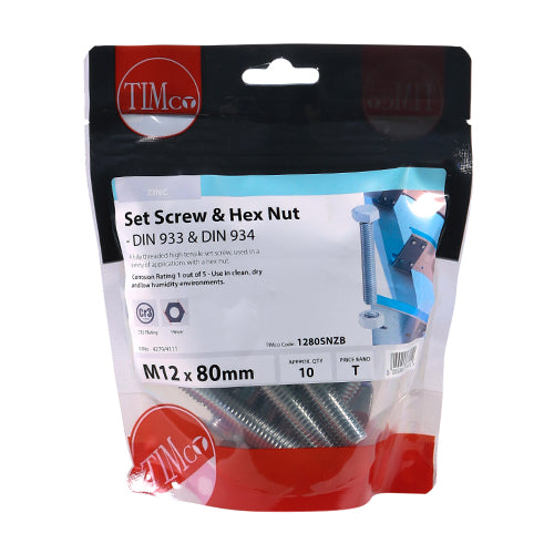 Set Screws & Hex Nuts - Grade 8.8 - Zinc | M12 x 80 additional image 2
