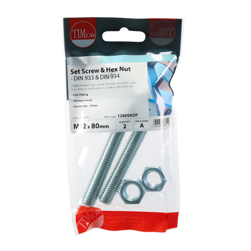 Set Screws & Hex Nuts - Grade 8.8 - Zinc | M12 x 80 additional image 2