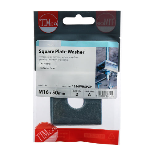 Square Plate Washers - Zinc | M16 x 50 x 50 x 3 | TIMpac additional image 2