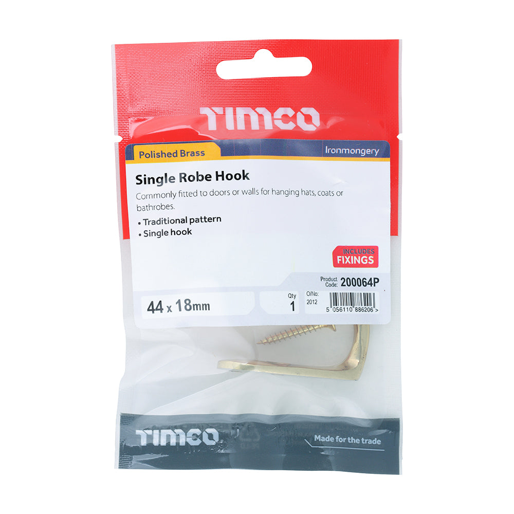 Single Robe Hook - Polished Brass | 44 x 18mm | TIMpac additional image 2
