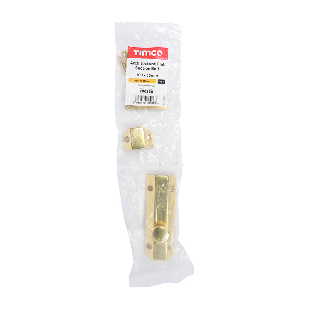 Architectural Flat Section Bolt - Polished Brass | 100 x 35mm | Bag additional image 2