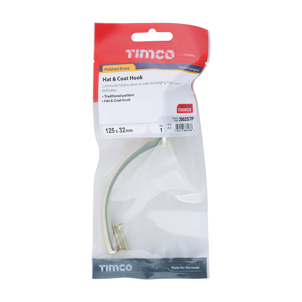 Hat & Coat Hook - Polished Brass | 125 x 32mm | TIMpac additional image 2