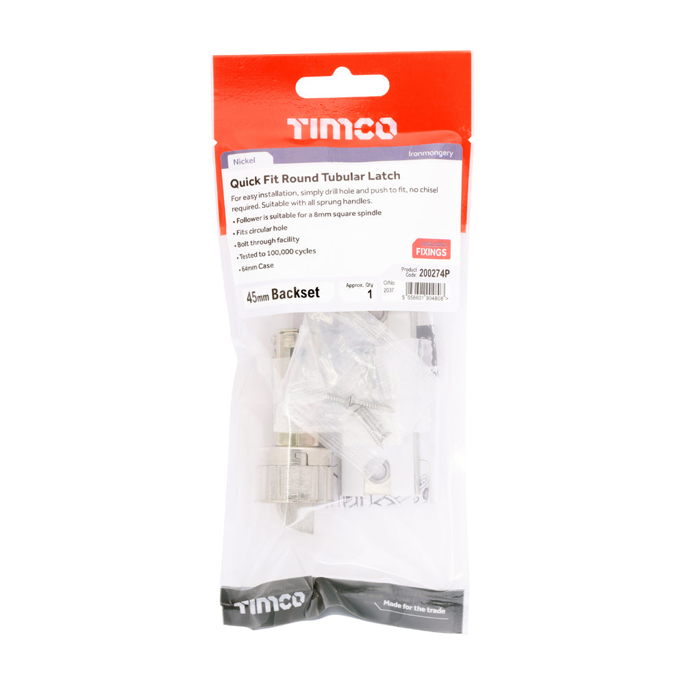 Quick Fit Round Tubular Latch - Nickel | 64 case / 45 backset | Tub | 1 Each | 200274P additional image 2