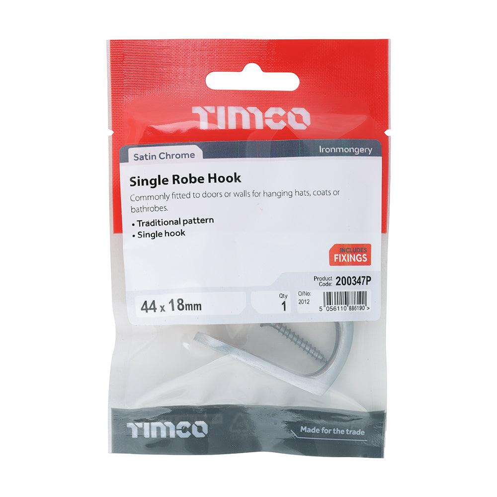 Single Robe Hook - Satin Chrome | 44 x 18mm | Tin additional image 2
