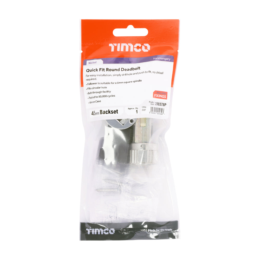 Quick Fit Round Deadbolt - Nickel | 64 case / 45 backset | TIMpac additional image 2
