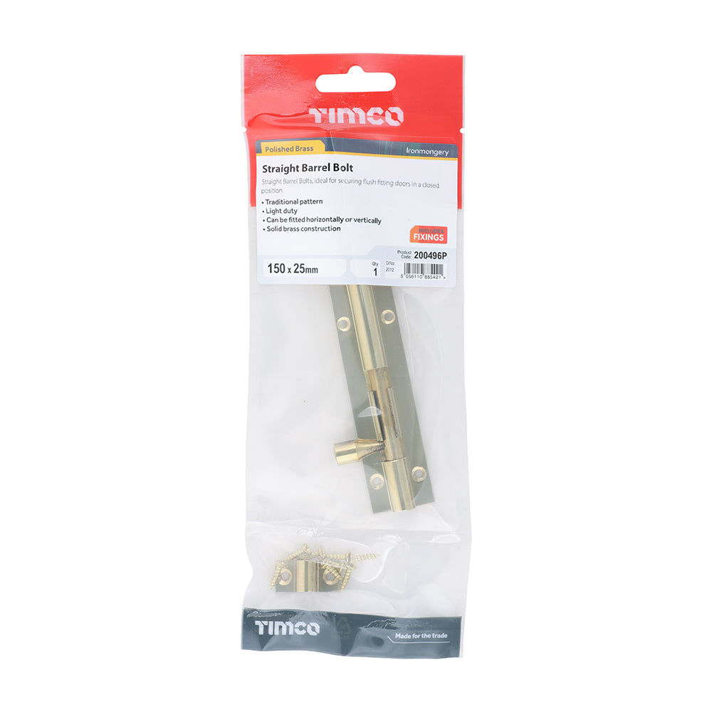 Straight Barrel Bolt - Polished Brass | 150 x 25mm | TIMpac additional image 2
