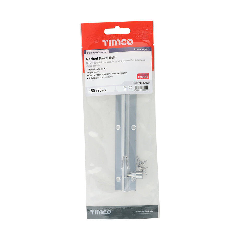 Necked Barrel Bolt - Polished Chrome | 150 x 25mm | TIMpac additional image 2
