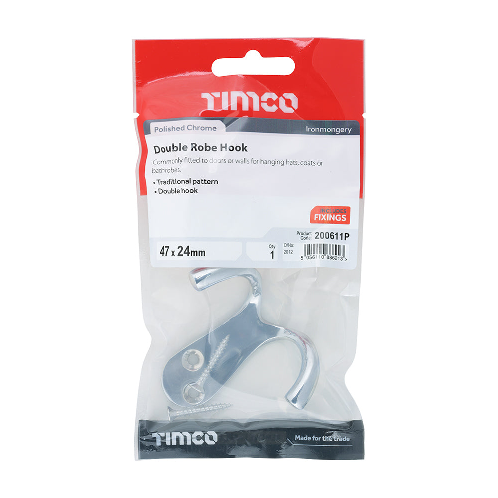 Double Robe Hook - Polished Chrome | 47 x 24mm | TIMpac additional image 2