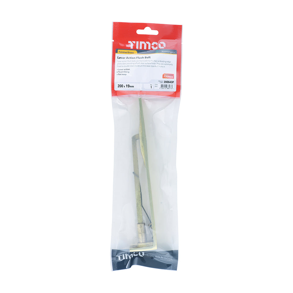 Lever Action Flush Bolt - Polished Brass | 200 x 19mm | TIMpac additional image 2