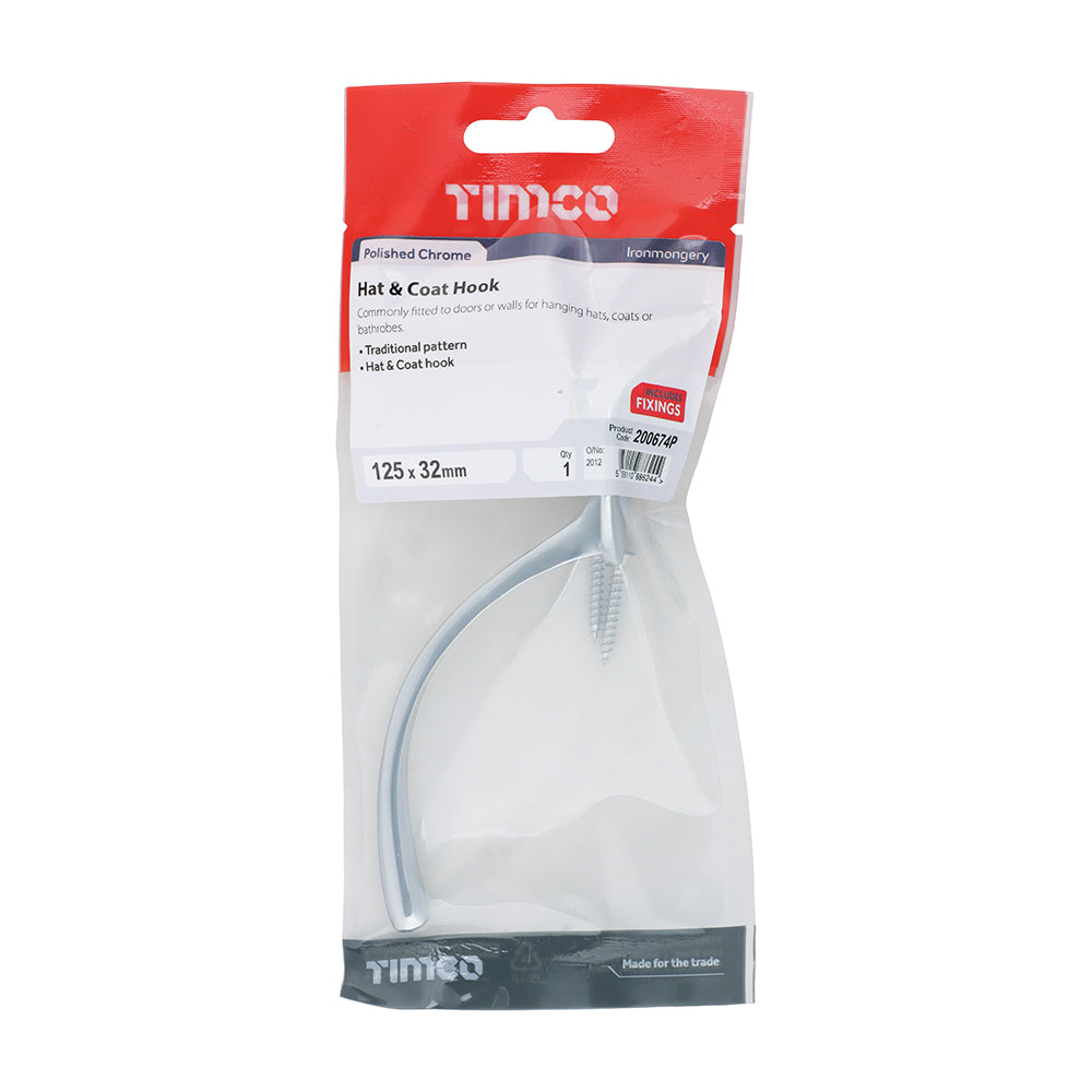 Hat & Coat Hook - Polished Chrome | 125 x 32mm | TIMpac additional image 2