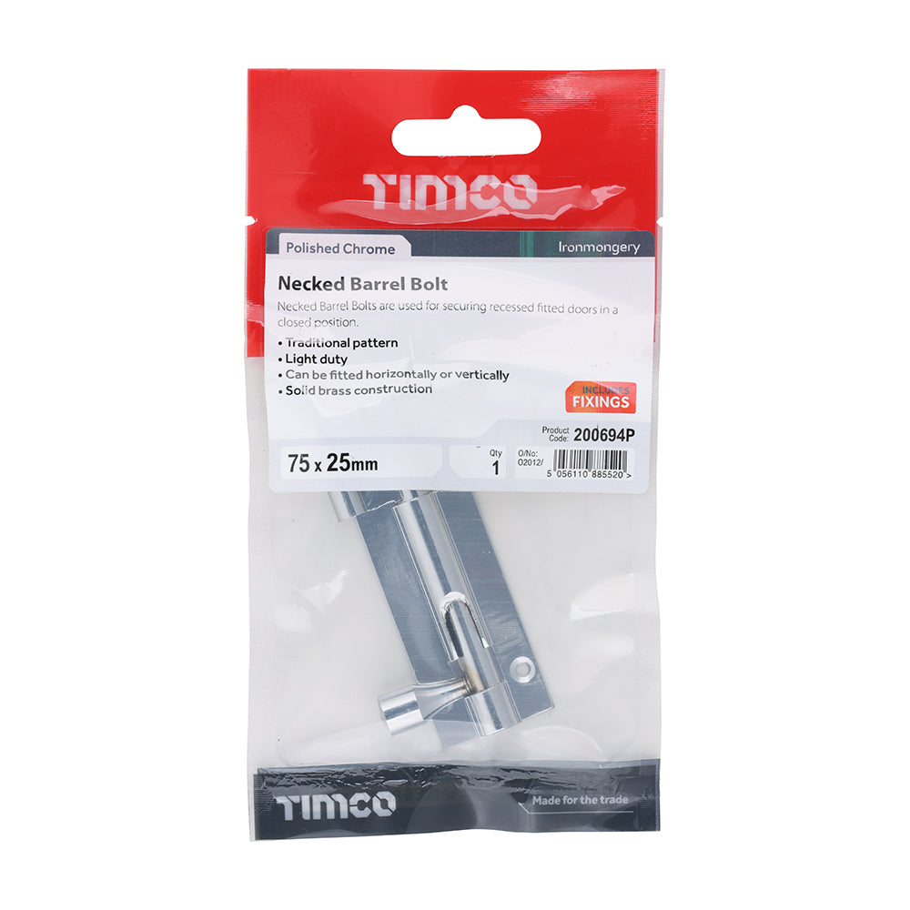Necked Barrel Bolt - Polished Chrome | 75 x 25mm | TIMpac additional image 2