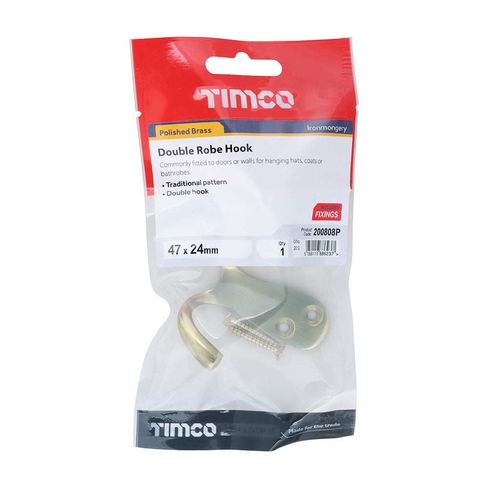Double Robe Hook - Polished Brass | 47 x 24mm | TIMpac additional image 2
