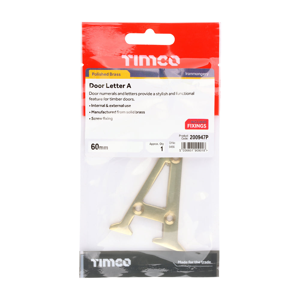 Door Letter A - Polished Brass | 60mm | TIMpac additional image 2