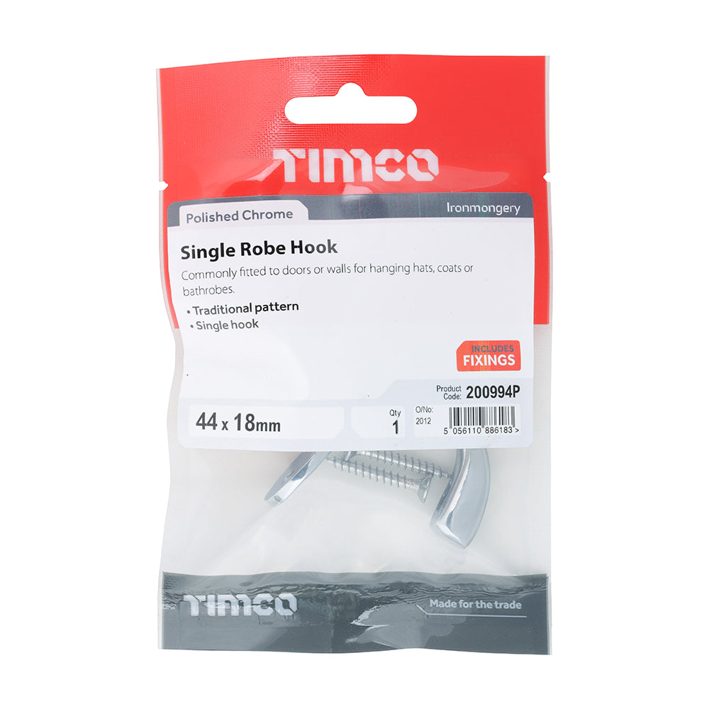 Single Robe Hook - Polished Chrome | 44 x 18mm | TIMpac additional image 2