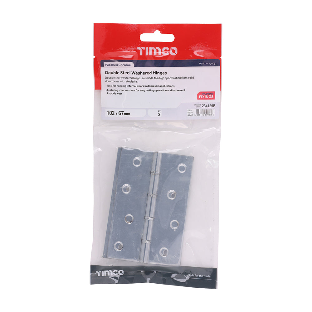 Double Steel Washered Butt Hinge - Solid Brass - Polished Chrome | 102 x 67 | Bag | 1 Pairs | 234129P additional image 2