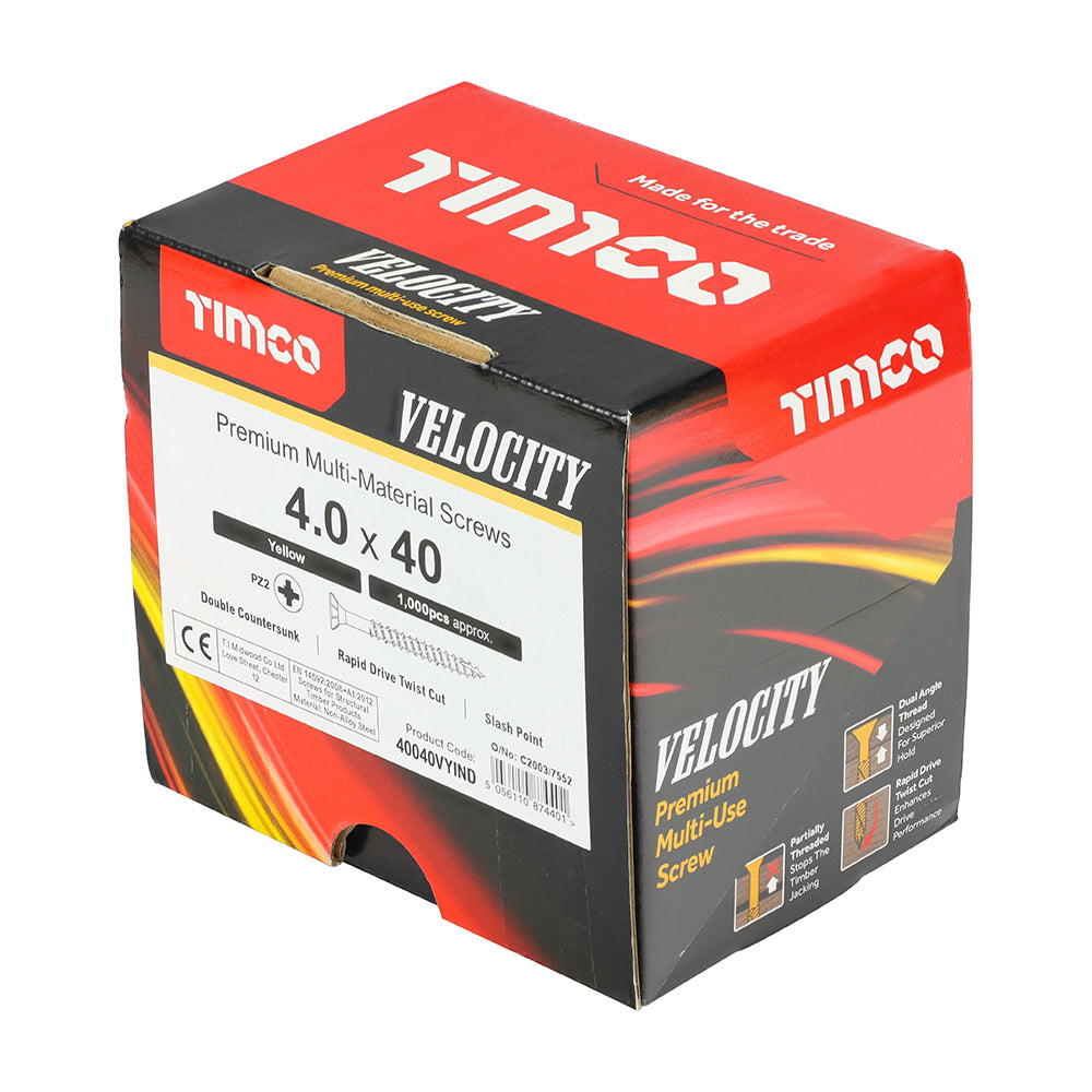 Velocity Premium Multi-Use Screws - PZ - Double Countersunk - Yellow | 4.0 x 40 | Industrial Pack additional image 3