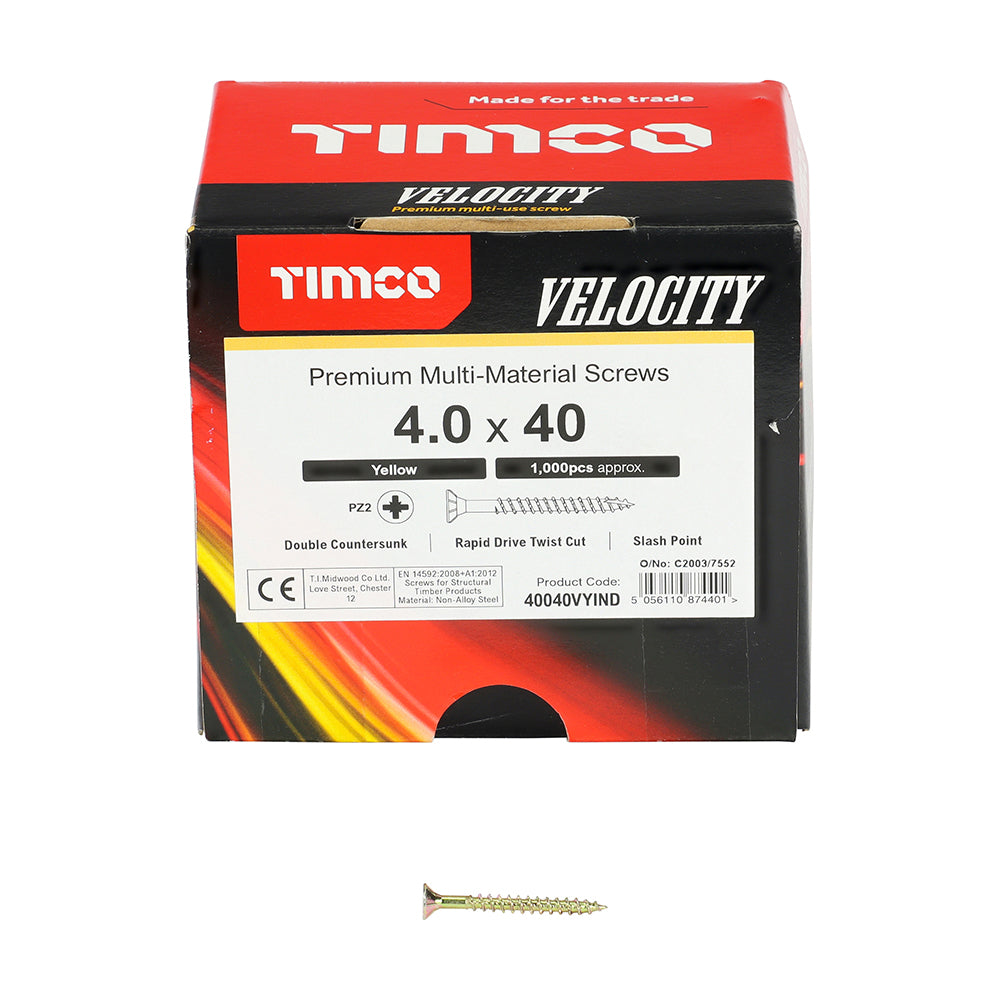 Velocity Premium Multi-Use Screws - PZ - Double Countersunk - Yellow | 4.0 x 40 | Industrial Pack additional image 4