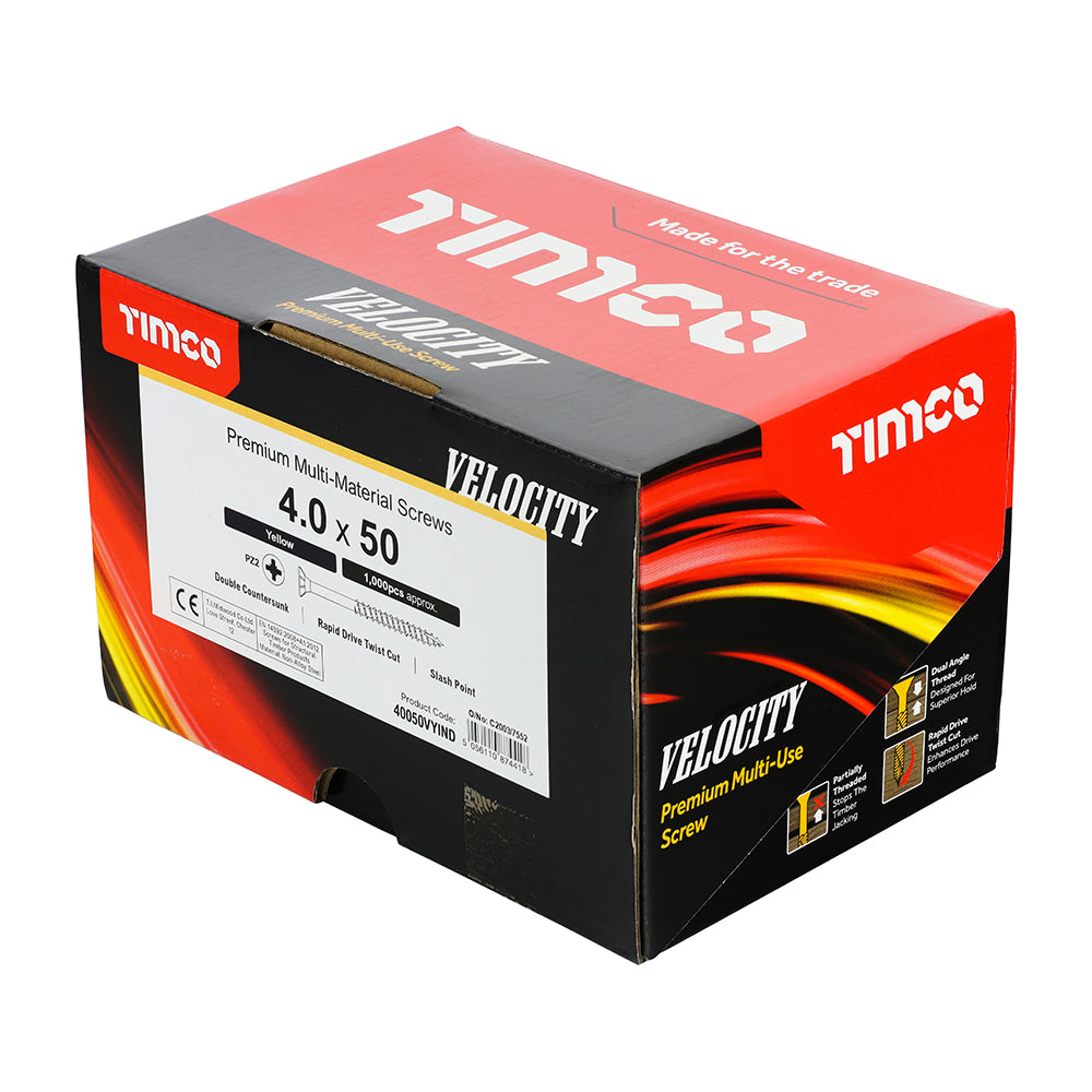 Velocity Premium Multi-Use Screws - PZ - Double Countersunk - Yellow | 4.0 x 50 | Industrial Pack additional image 3