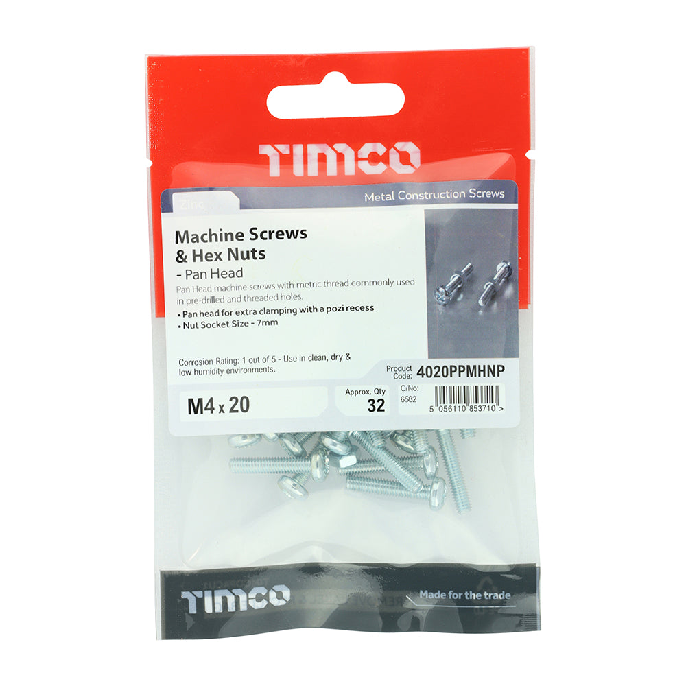 Machine Screws - PZ - Pan & Hex Nuts - Zinc | M4 x 20 additional image 2