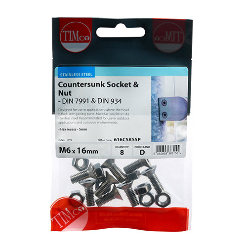 Socket Screws & Hex Nuts - Countersunk - Stainless Steel | M6 x 16 additional image 2