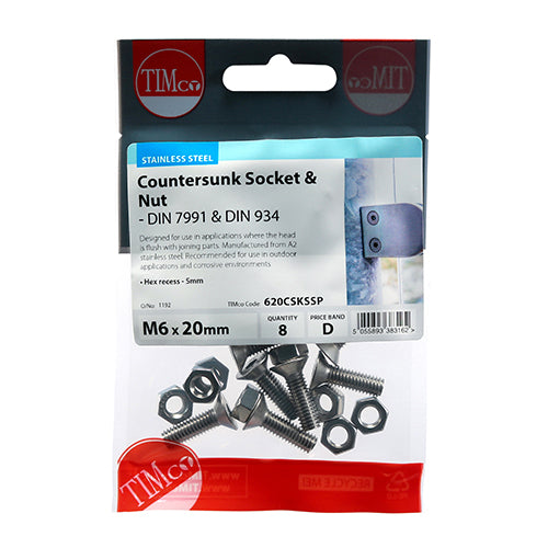Socket Screws & Hex Nuts - Countersunk - Stainless Steel | M6 x 20 additional image 2
