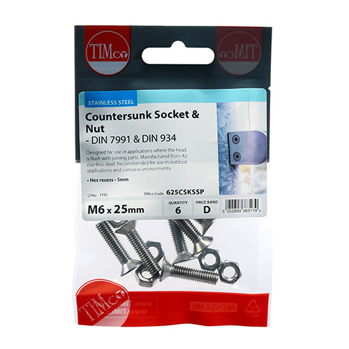 Socket Screws & Hex Nuts - Countersunk - Stainless Steel | M6 x 25 additional image 2