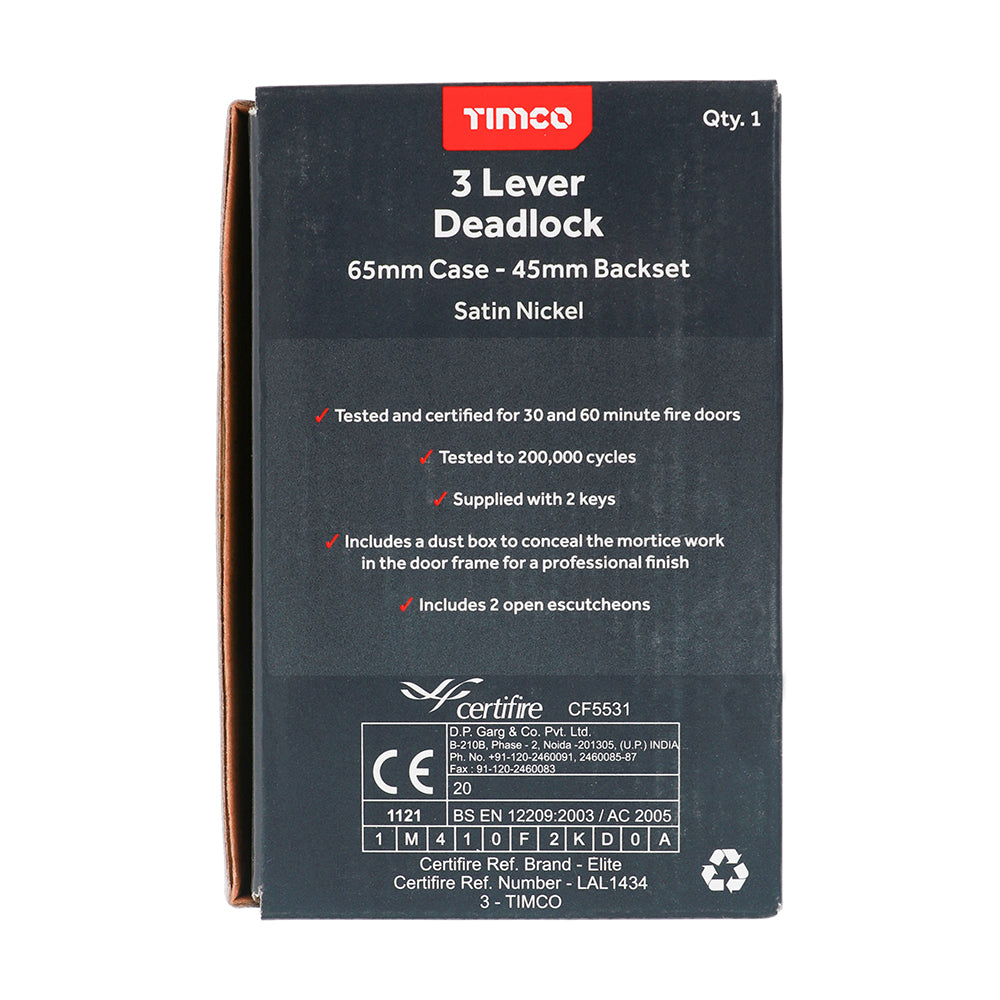 3 Lever Deadlock - Satin Nickel | 65 case / 45 backset additional image 3