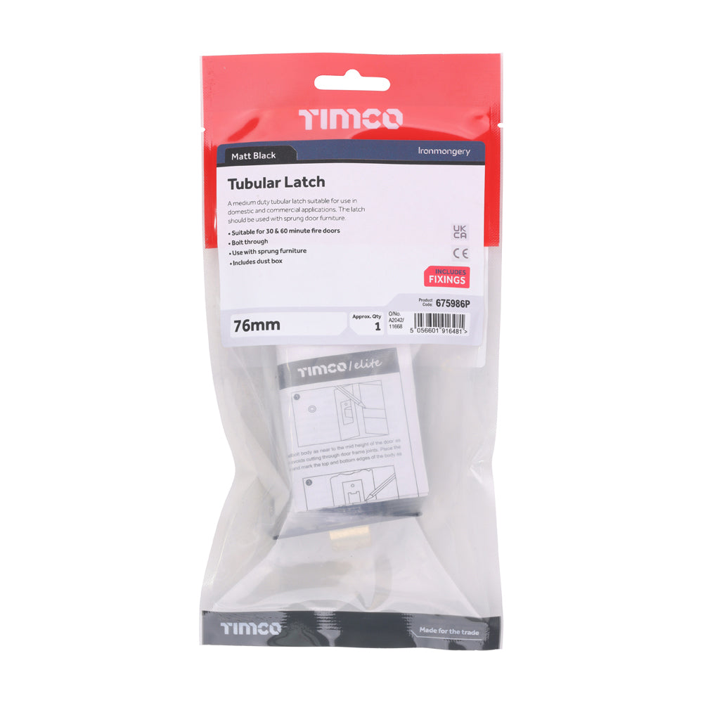 Tubular Latch - Matt Black | 76 case / 57 backset | Tub | 1 Each | 675986P additional image 2