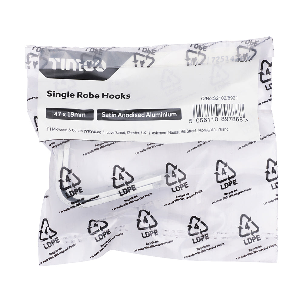 Single Robe Hook - Satin Anodised Aluminium | 47 x 19 | Bag additional image 2