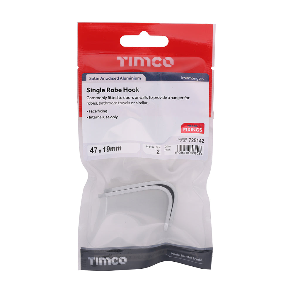 Single Robe Hook - Satin Anodised Aluminium | 47 x 19 | Tin additional image 2