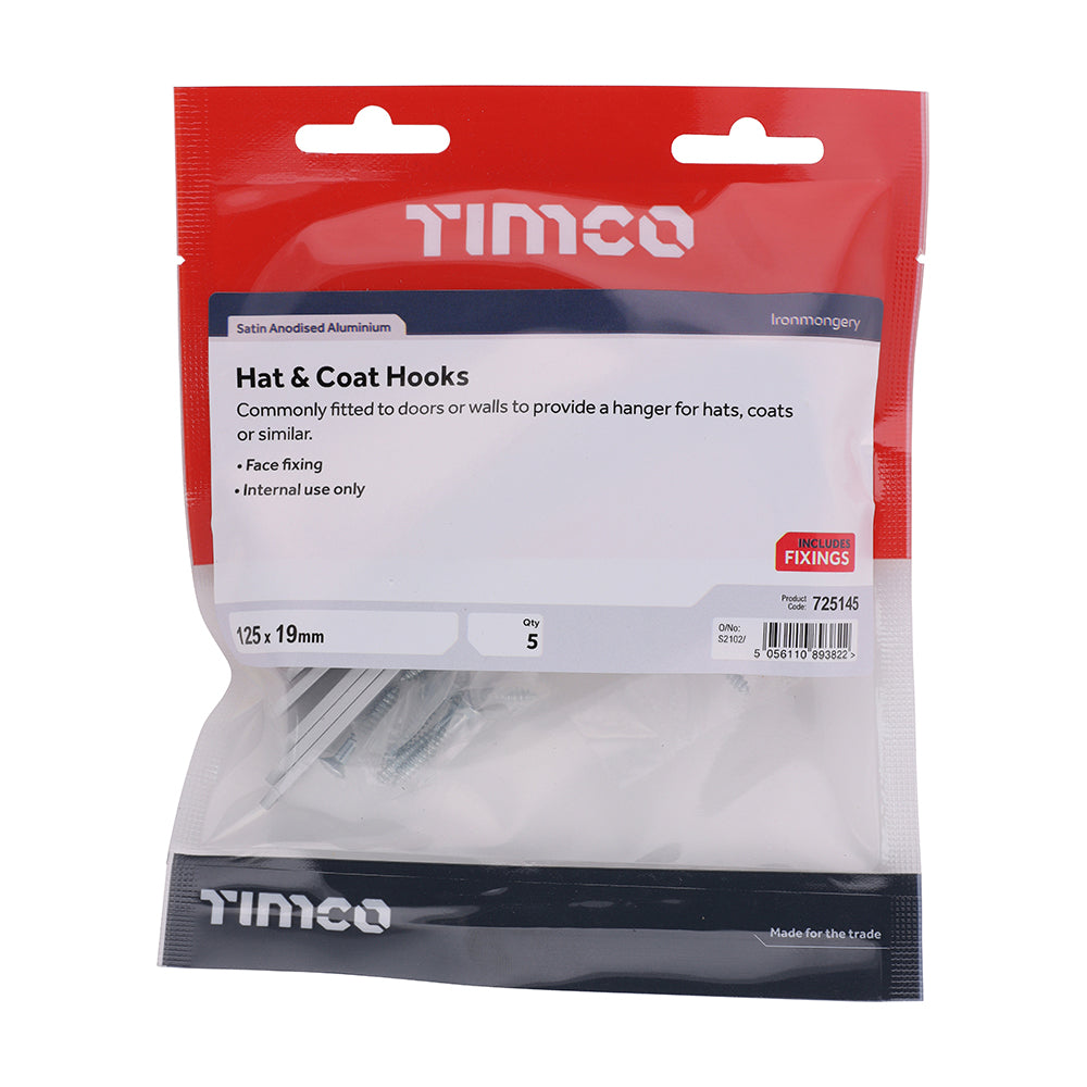 Hat & Coat Hooks - Satin Anodised Aluminium | 125 x 19 | Bag | Pack of 5 additional image 2