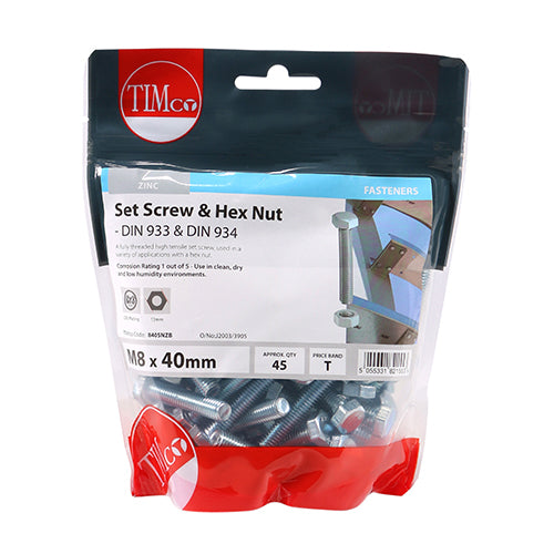 Set Screws & Hex Nuts - Grade 8.8 - Zinc | M8 x 40 additional image 2