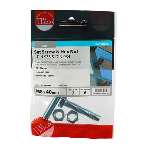 Set Screws & Hex Nuts - Grade 8.8 - Zinc | M8 x 40 additional image 2