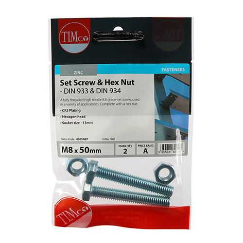 Set Screws & Hex Nuts - Grade 8.8 - Zinc | M8 x 50 additional image 2