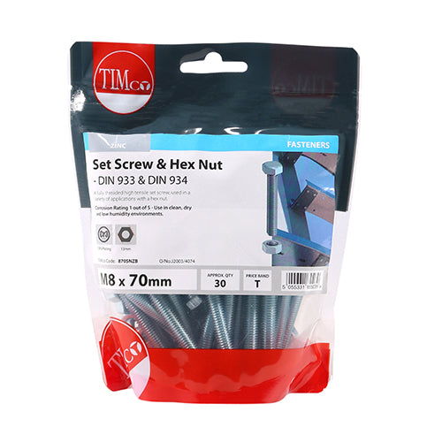 Set Screws & Hex Nuts - Grade 8.8 - Zinc | M8 x 70 additional image 2