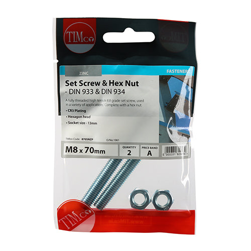 Set Screws & Hex Nuts - Grade 8.8 - Zinc | M8 x 70 additional image 2