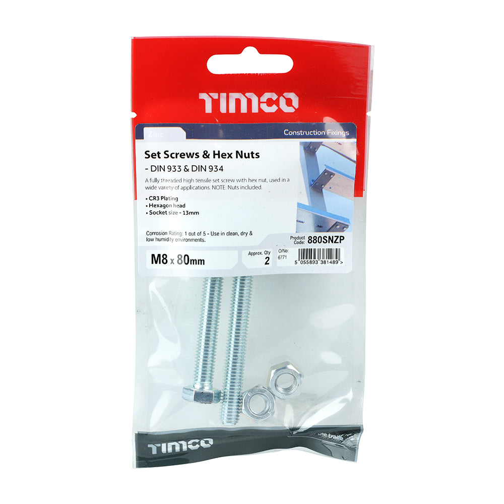 Set Screws & Hex Nuts - Grade 8.8 - Zinc | M8 x 80 additional image 2