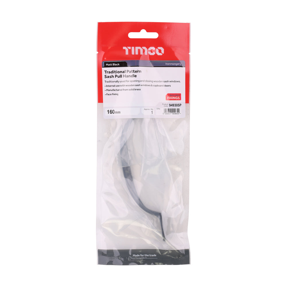 Traditional Pattern Sash Pull Handle - Matt Black | 160mm | TIMpac additional image 2