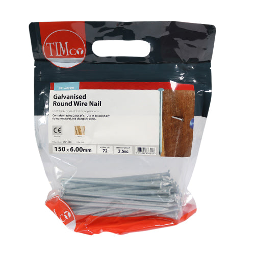 Round Wire Nails - Galvanised | 150 x 6.00 | Bag | 2.5 Kilograms additional image 2