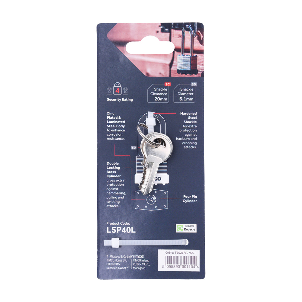 Laminated Padlock Long Shackle | 40mm additional image 3