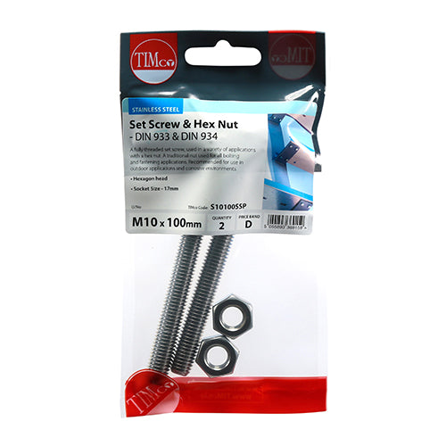 Set Screws & Hex Nuts - Stainless Steel | M10 x 100 additional image 2