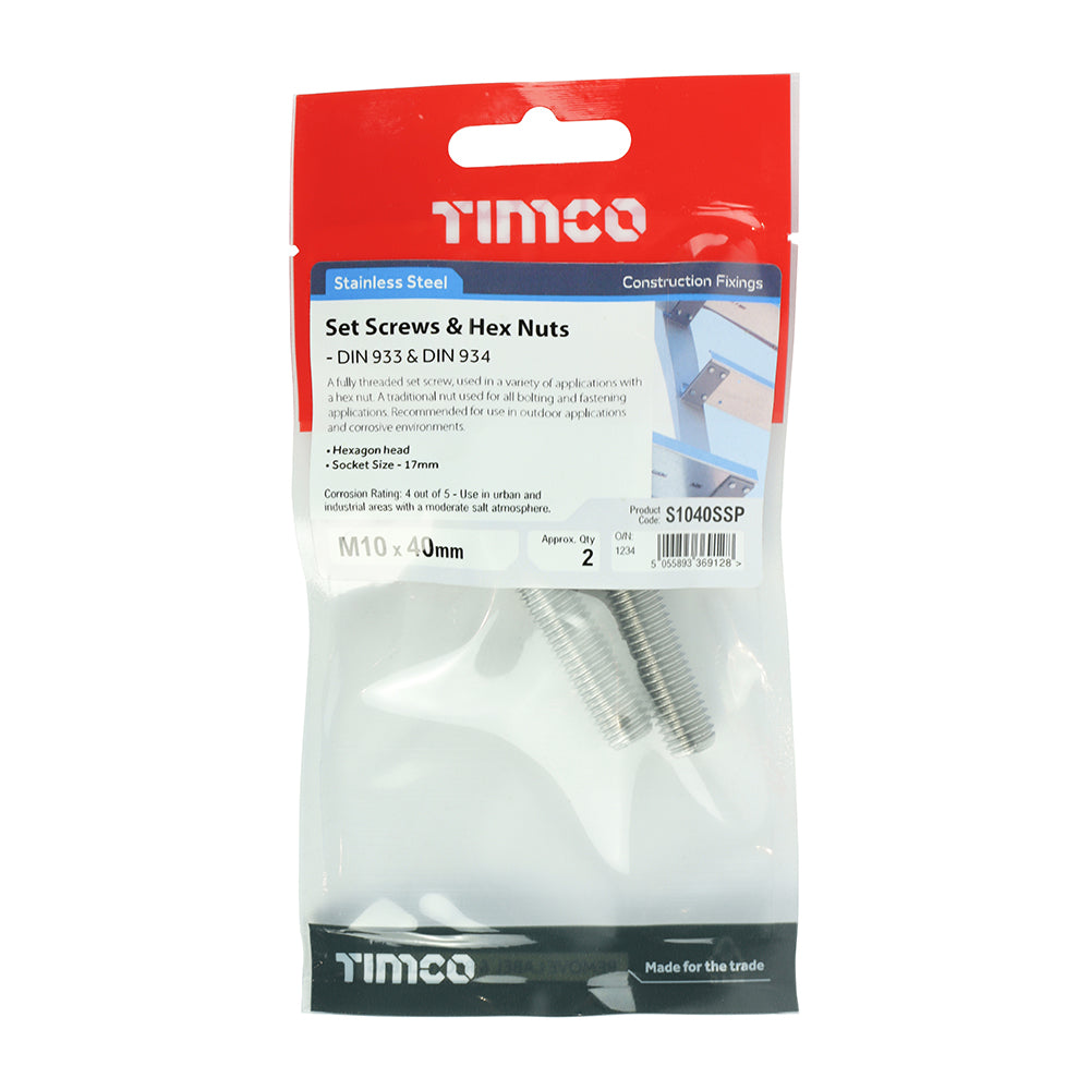 Set Screws & Hex Nuts - Stainless Steel | M10 x 40 additional image 2