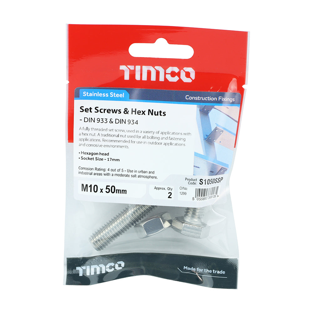 Set Screws & Hex Nuts - Stainless Steel | M10 x 50 additional image 2