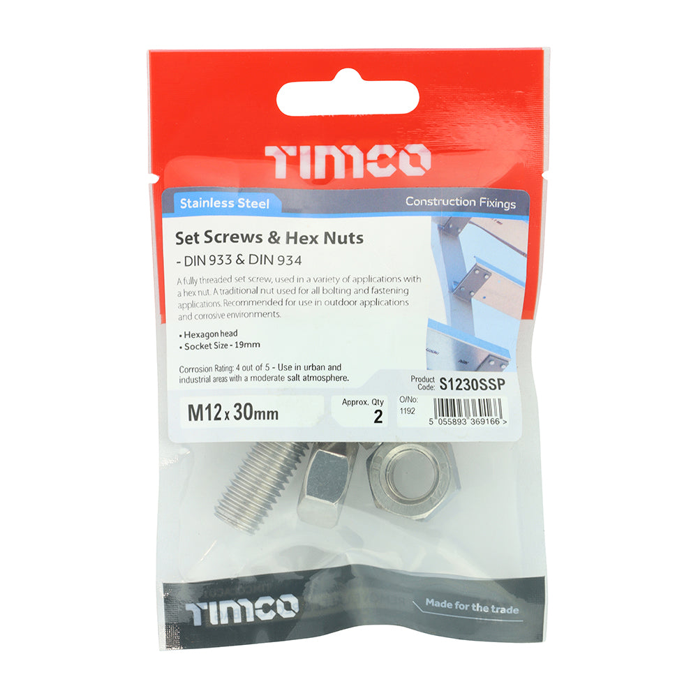 Set Screws & Hex Nuts - Stainless Steel | M12 x 30 additional image 2