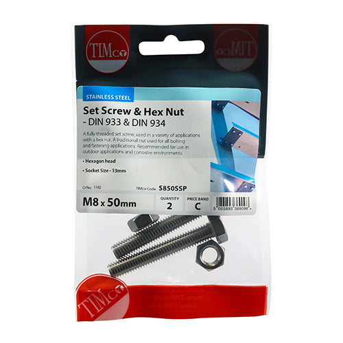 Set Screws & Hex Nuts - Stainless Steel | M8 x 50 additional image 2