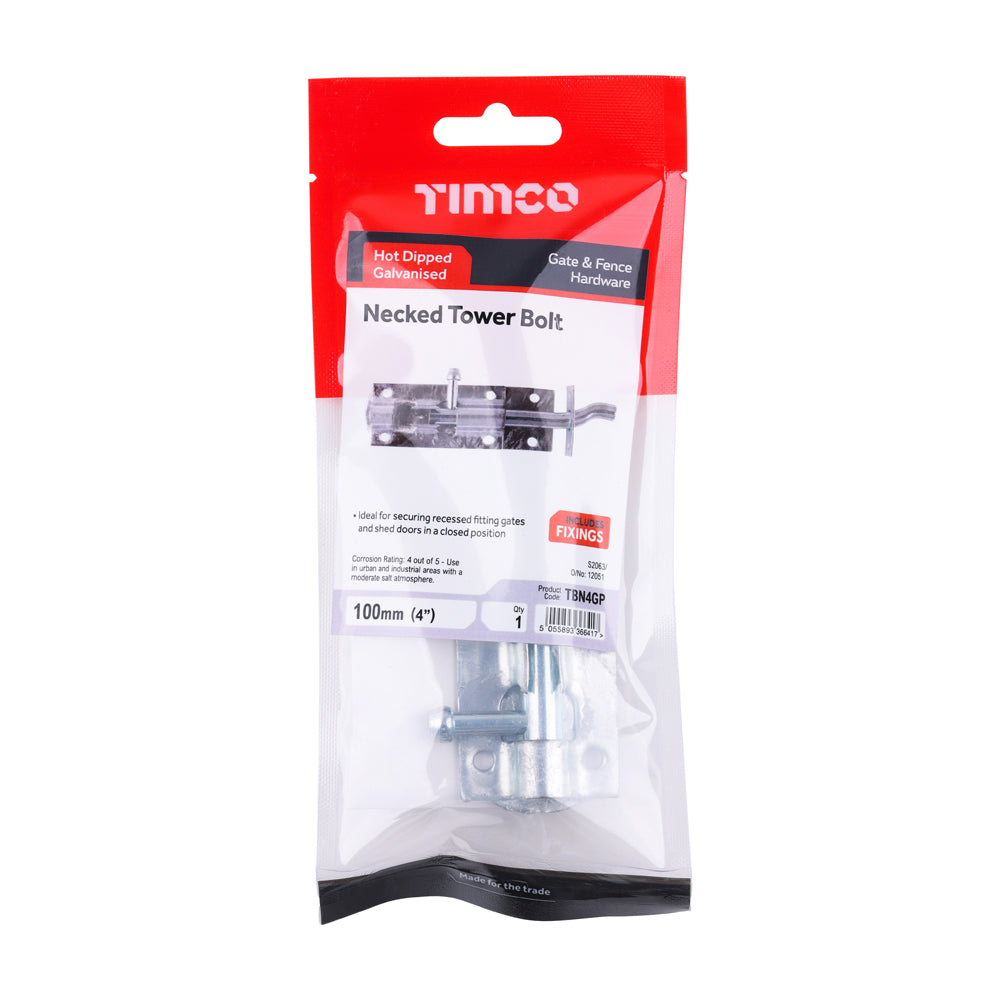 Necked Tower Bolt - Hot Dipped Galvanised | 4" | TIMpac additional image 2