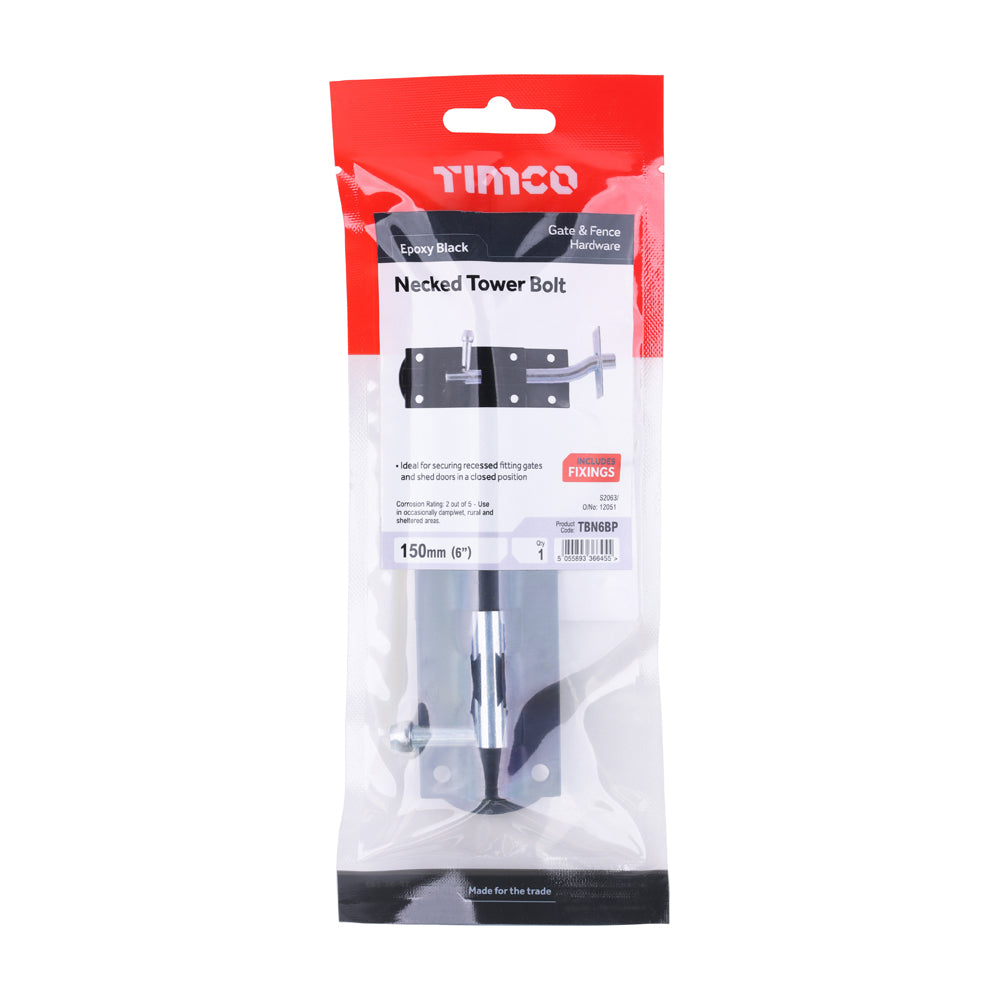 Necked Tower Bolt - Black | 6" | TIMpac additional image 2
