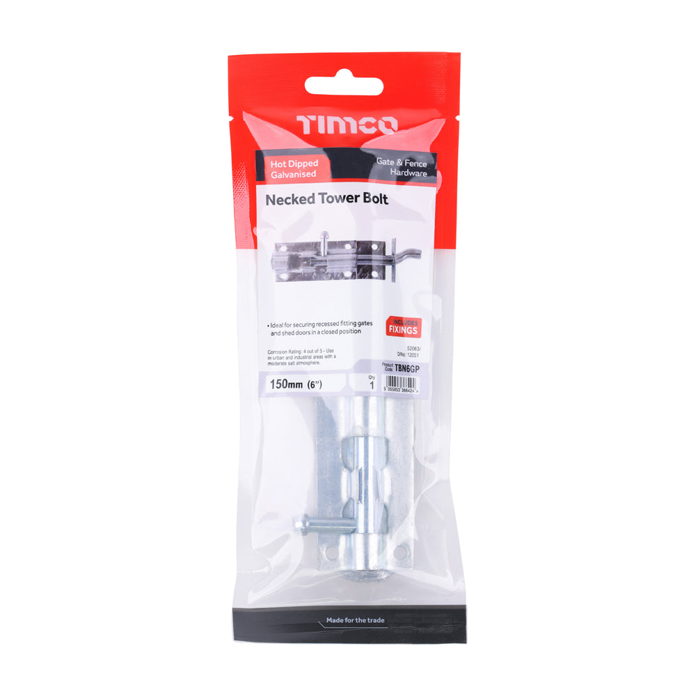 Necked Tower Bolt - Hot Dipped Galvanised | 6" | TIMpac additional image 2