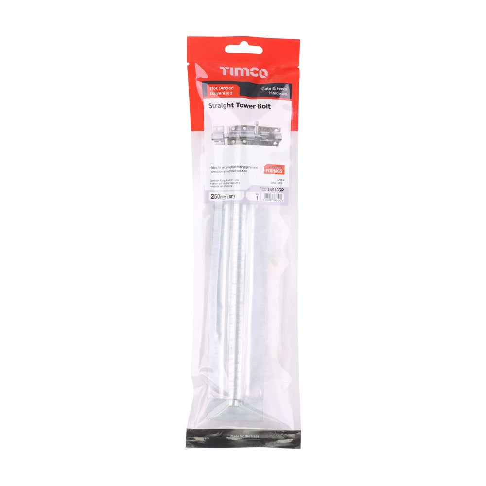 Straight Tower Bolt - Hot Dipped Galvanised | 10" | TIMpac additional image 2